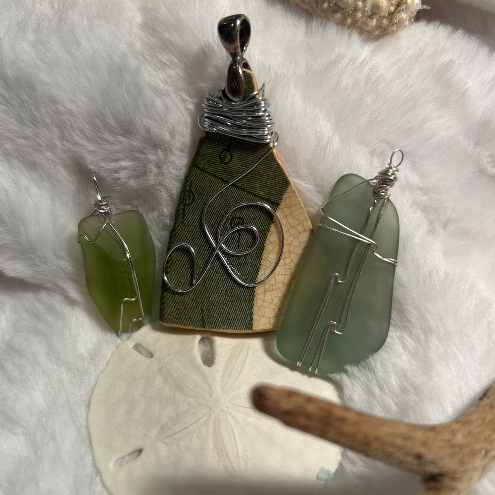 Set of Three Genuine Sea Glass Pendants with One Silver Chain